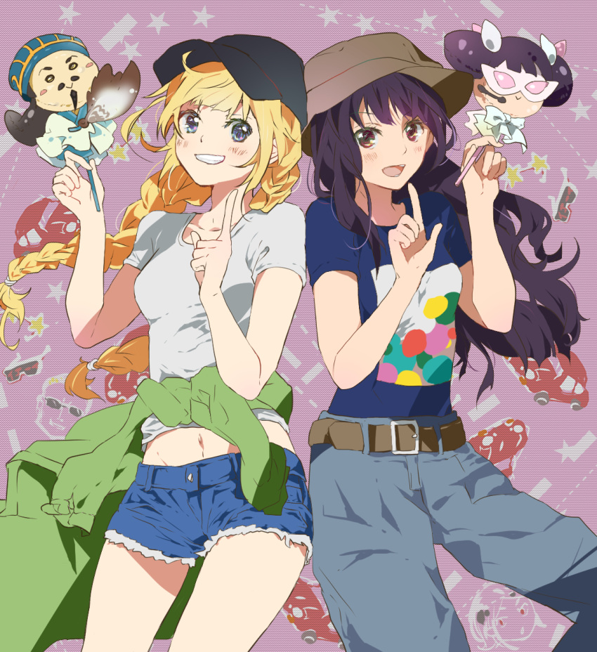 180yen_(artist) 2girls baseball_cap belt black_hair blonde_hair blue_eyes blue_pants blue_shirt blue_shorts braid car character_doll clothes_around_waist commentary_request cutoffs eye_mask feather_fan floating_hair green_jacket grin ground_vehicle hat headset highres index_finger_raised jacket jacket_around_waist kong_ming_hat kuon_nanami long_hair midriff motor_vehicle multiple_girls navel pants paripi_koumei purple_background shirt short_sleeves shorts smile star_(symbol) sunglasses tsukimi_eiko twin_braids white_shirt zhuge_kongming_(paripi_koumei)