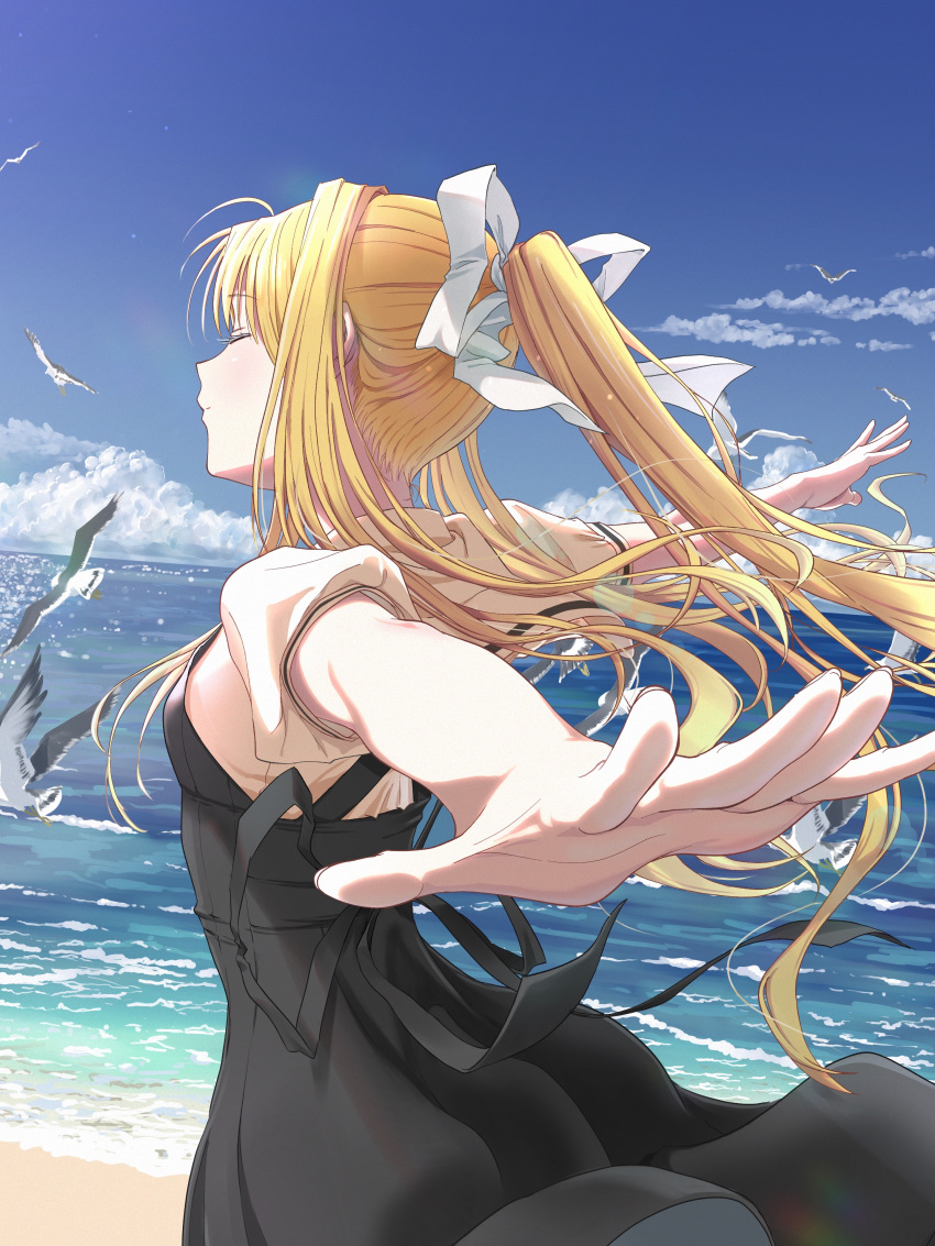 1girl absurdres air bangs beach bird black_dress blonde_hair blue_sky closed_eyes closed_mouth cloud day dress eyebrows_visible_through_hair foreshortening hair_ribbon hasisisissy highres horizon kamio_misuzu long_hair ocean outdoors outstretched_arms ponytail ribbon school_uniform seagull shirt short_sleeves sidelocks sky solo summer very_long_hair white_bird white_shirt