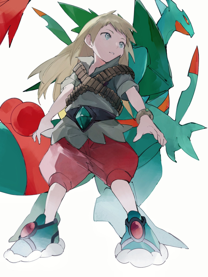 1boy bangs belt black_belt blonde_hair bracelet emerald_(pokemon) from_below green_eyes green_footwear grey_shirt highres jewelry long_hair male_focus mega_pokemon mega_sceptile parted_lips pokemon pokemon_(creature) pokemon_adventures red_shorts sakanobo_(sushi1021) sceptile shirt shoes short_sleeves shorts standing white_background