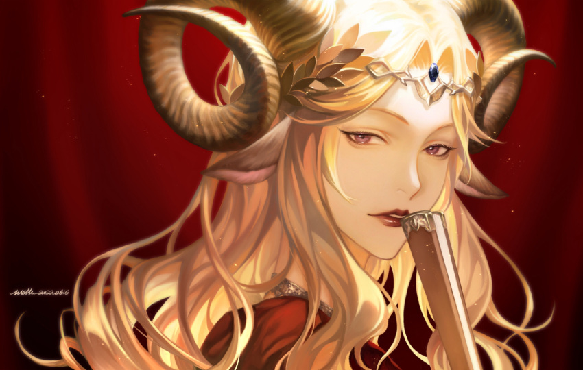 1girl animal_ears arknights artist_name blonde_hair character_request circlet curtains dated folded_fan folding_fan goat_ears goat_girl goat_horns hand_fan highres holding holding_fan horns jewelry lipstick long_hair looking_at_viewer makeup mature_female necklace parted_lips portrait purple_eyes red_lips signature solo twin_empresses_(arknights) welllllll