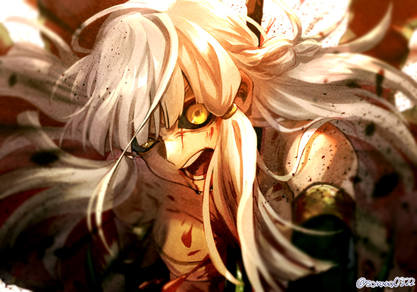 1girl bandeau bangs black_sclera blood blood_from_mouth breasts colored_sclera commentary_request detached_sleeves fate/grand_order fate_(series) impaled long_hair penthesilea_(fate) polearm small_breasts solo soraao0322 spear twitter_username weapon white_hair yellow_eyes