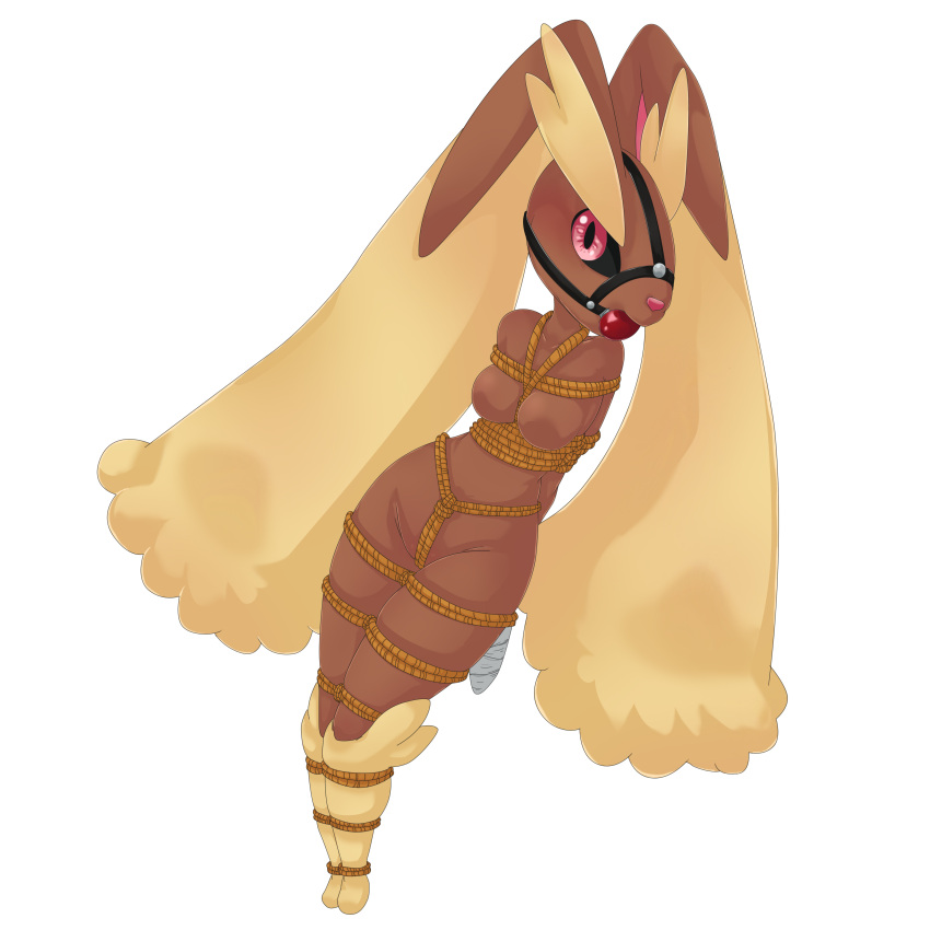 1:1 absurd_res anthro ball_gag bdsm bondage bound breasts crotch_rope female gag gagmanzx harness harness_ball_gag harness_gag hi_res looking_at_viewer lopunny medium_breasts muzzle_(object) nintendo pok&eacute;mon pok&eacute;mon_(species) restraints rope rope_bondage solo tape taped_hands video_games