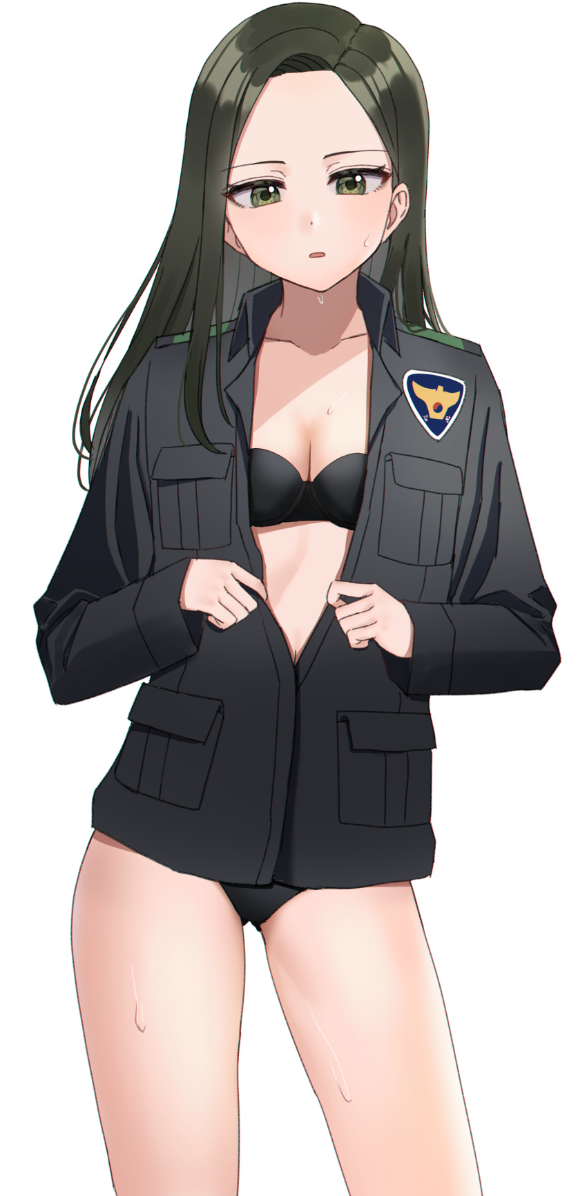 1girl absurdres bangs bikini bikini_under_clothes black_bikini black_hair black_jacket breasts cleavage collarbone forehead green_eyes highres jacket kubong long_hair long_sleeves original parted_bangs simple_background sleeves_past_wrists small_breasts solo standing sweat swimsuit white_background