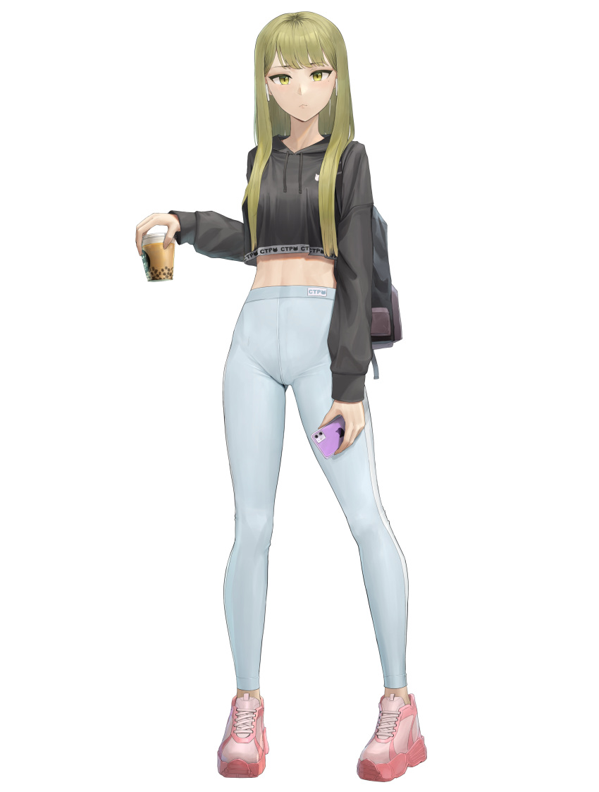 1girl absurdres ano_(gccx8784) ass_visible_through_thighs bag black_hoodie blonde_hair blue_pants cellphone crop_top crotch_seam cup disposable_cup earrings frown green_eyes gyaru hand_up highres holding holding_cup holding_phone hood hoodie jewelry long_hair long_sleeves looking_at_viewer midriff mole mole_under_eye original pants phone pigeon-toed pink_footwear platform_footwear shoes shoulder_bag simple_background smartphone sneakers solo standing taut_clothes taut_pants yoga_pants