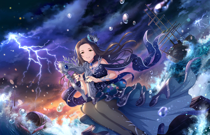 1girl artist_request bare_shoulders black_hair blue_dress blue_nails brown_eyes cloud cloudy_sky collarbone dress grin harp hat holding holding_instrument idolmaster idolmaster_cinderella_girls idolmaster_cinderella_girls_starlight_stage instrument jewelry lightning long_dress long_hair looking_at_viewer music ocean official_art outdoors pantyhose playing_instrument sena_shiori_(idolmaster) ship sitting sky sleeveless sleeveless_dress smile solo storm thunder top_hat water watercraft