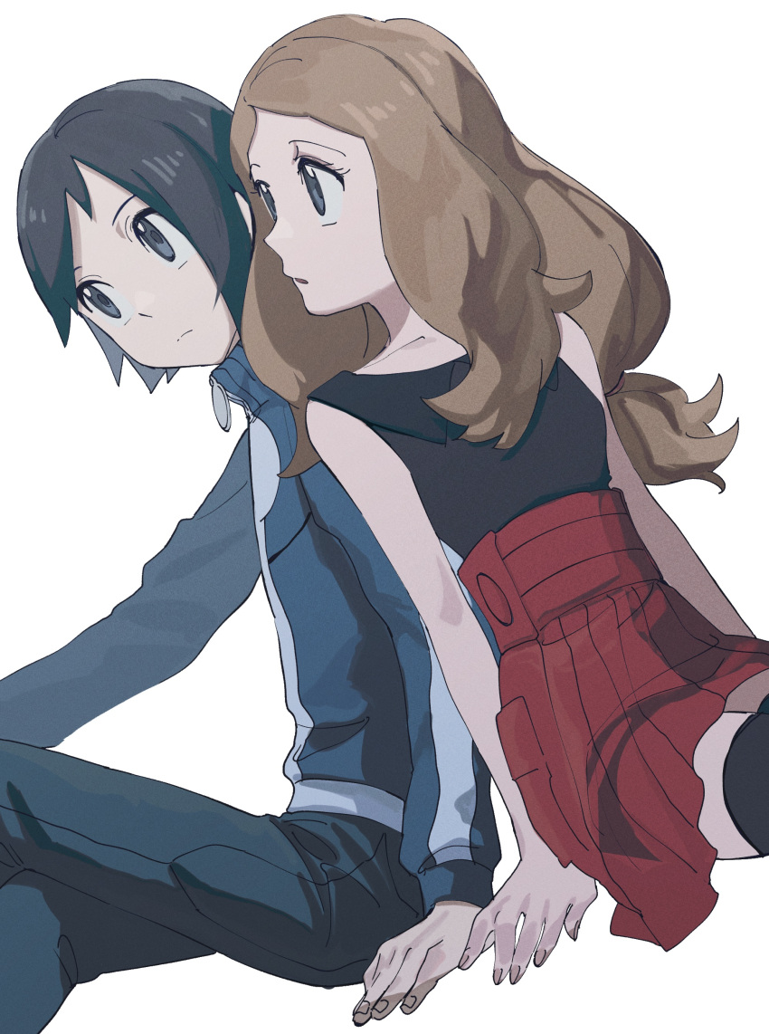 1boy 1girl absurdres arm_support asagiri_kogen bangs black_footwear black_hair black_shirt blue_jacket brown_hair calem_(pokemon) closed_mouth collarbone collared_shirt commentary eyelashes grey_eyes high-waist_skirt highres jacket long_hair long_sleeves pants parted_lips pokemon pokemon_(game) pokemon_xy protected_link red_skirt serena_(pokemon) shirt short_hair sitting skirt sleeveless sleeveless_shirt thighhighs turtleneck turtleneck_jacket zipper_pull_tab