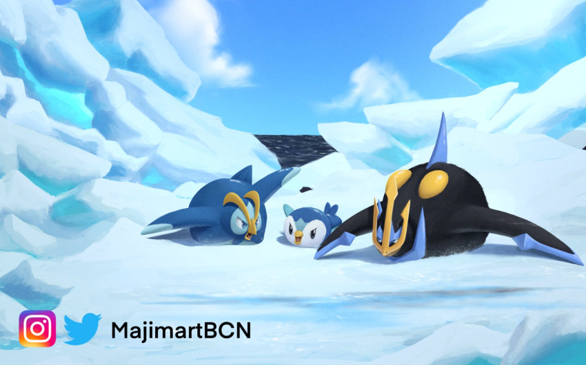 ambiguous_gender arm_blades artist_name black_body black_feathers blue_body blue_eyes blue_feathers colored detailed_background digital_media_(artwork) digital_painting_(artwork) empoleon evolutionary_family feathers feral group hi_res ice lineless lying majimartbcn markings nintendo on_front on_ground piplup pok&eacute;mon pok&eacute;mon_(species) prinplup semi-anthro shaded signature trio video_games watermark white_face yellow_markings