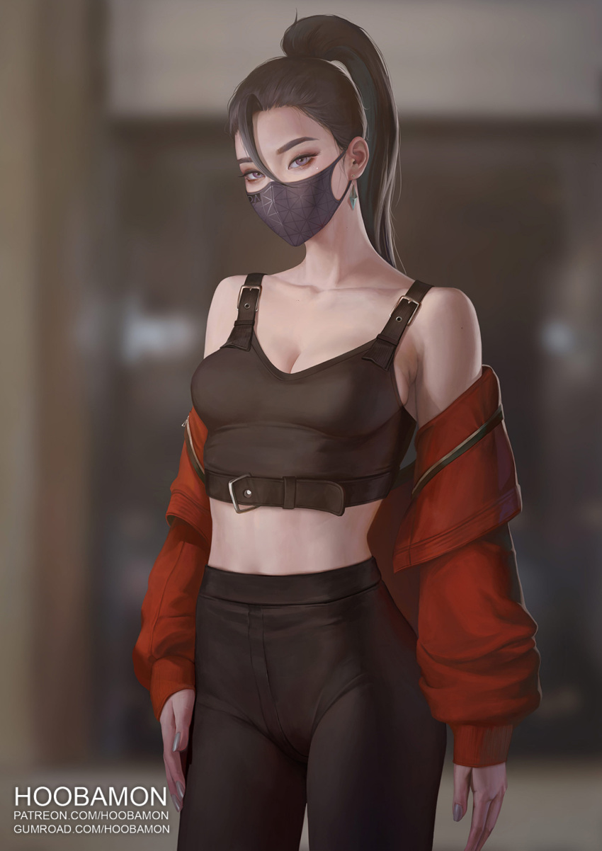 1girl alternate_costume arms_at_sides artist_name belt_buckle black_hair black_mask black_pants black_shirt blurry blurry_background breasts buckle cleavage collarbone cowboy_shot crop_top earrings grey_eyes gumroad_username hair_between_eyes high_ponytail highres hoo_bamon jacket jewelry k/da_(league_of_legends) kai'sa league_of_legends long_hair looking_at_viewer mask midriff mouth_mask off_shoulder pants patreon_username ponytail red_jacket shirt silver_nails sleeveless sleeveless_shirt small_breasts solo web_address
