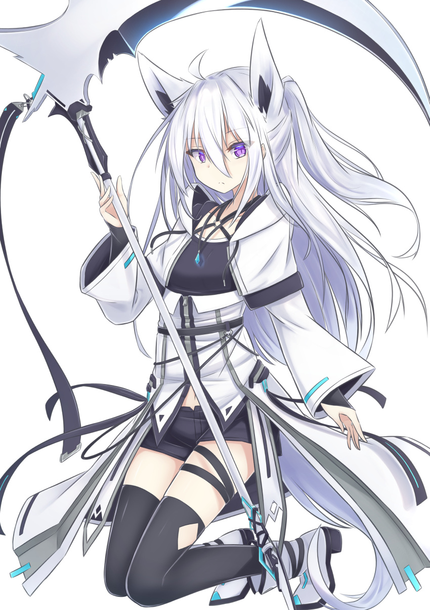 1girl absurdres ahoge animal_ears bangs black_gloves black_legwear black_shorts boots closed_mouth coat collarbone extra_ears eyebrows_visible_through_hair eyes_visible_through_hair fox_ears fox_girl full_body gloves hair_between_eyes hand_up highres holding holding_weapon jewelry kneeling long_hair long_sleeves looking_at_viewer navel necklace original purple_eyes scythe short_shorts shorts simple_background solo thigh_strap thighhighs thighs very_long_hair weapon white_background white_coat white_footwear white_hair yukishiro_haku