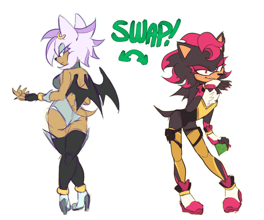 absurd_res alternate_universe anthro anti_hero butt character_swap chiropteran clothing crowmatose duo eulipotyphlan female femme_fatale girly hedgehog hi_res high_heels male male/female mammal rouge_the_bat sega shadow_the_hedgehog sonic_the_hedgehog_(series) suit tight_suit