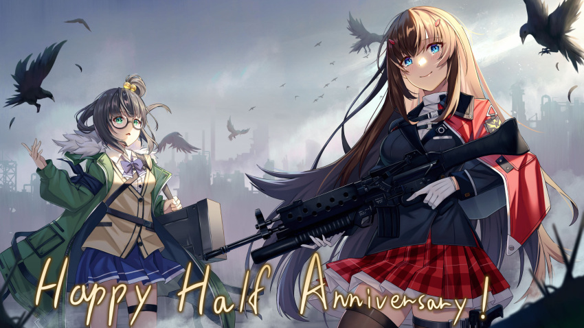2girls anniversary assault_rifle backlighting bangs bird black_jacket blue_skirt bow bowtie breasts brown_hair calder_(pixiv3698273) carrying case cityscape collared_shirt commentary_request counter:side crow dawn dot_nose english_text eyebrows_visible_through_hair floating_hair glasses gloves green_jacket grenade_launcher gun hair_bobbles hair_ornament hand_up handgun highres holding holding_gun holding_weapon holstered_weapon jacket jacket_on_shoulders kim_sobin light_blush long_hair long_sleeves looking_afar looking_at_viewer medium_breasts multiple_girls open_clothes open_jacket open_mouth plaid plaid_skirt pleated_skirt red_skirt rifle ruins semi-rimless_eyewear seo_yoon shirt side_ponytail sidelocks skirt smile smog smoke snap-fit_buckle standing sunlight thigh_strap thighhighs underbarrel_grenade_launcher weapon white_gloves white_shirt zettai_ryouiki