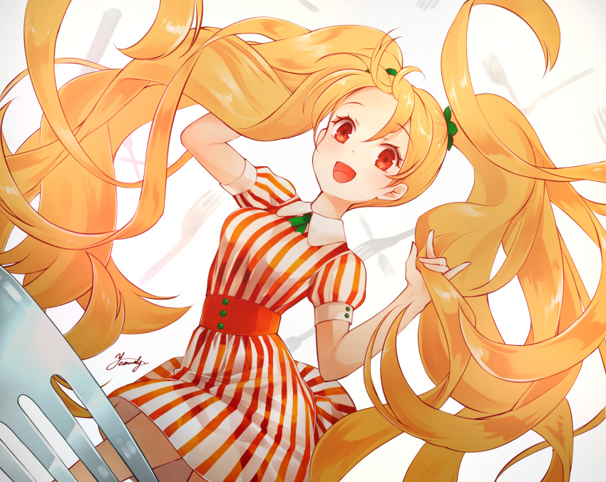 1girl :d ahira_yuzu arm_up bangs belt blonde_hair blush collared_dress dress floating_hair food fork hair_ornament highres holding holding_hair long_hair looking_at_viewer minigirl neck_ribbon open_mouth original pasta personification red_eyes ribbon short_dress short_sleeves signature sleeve_cuffs smile solo striped striped_dress twintails very_long_hair