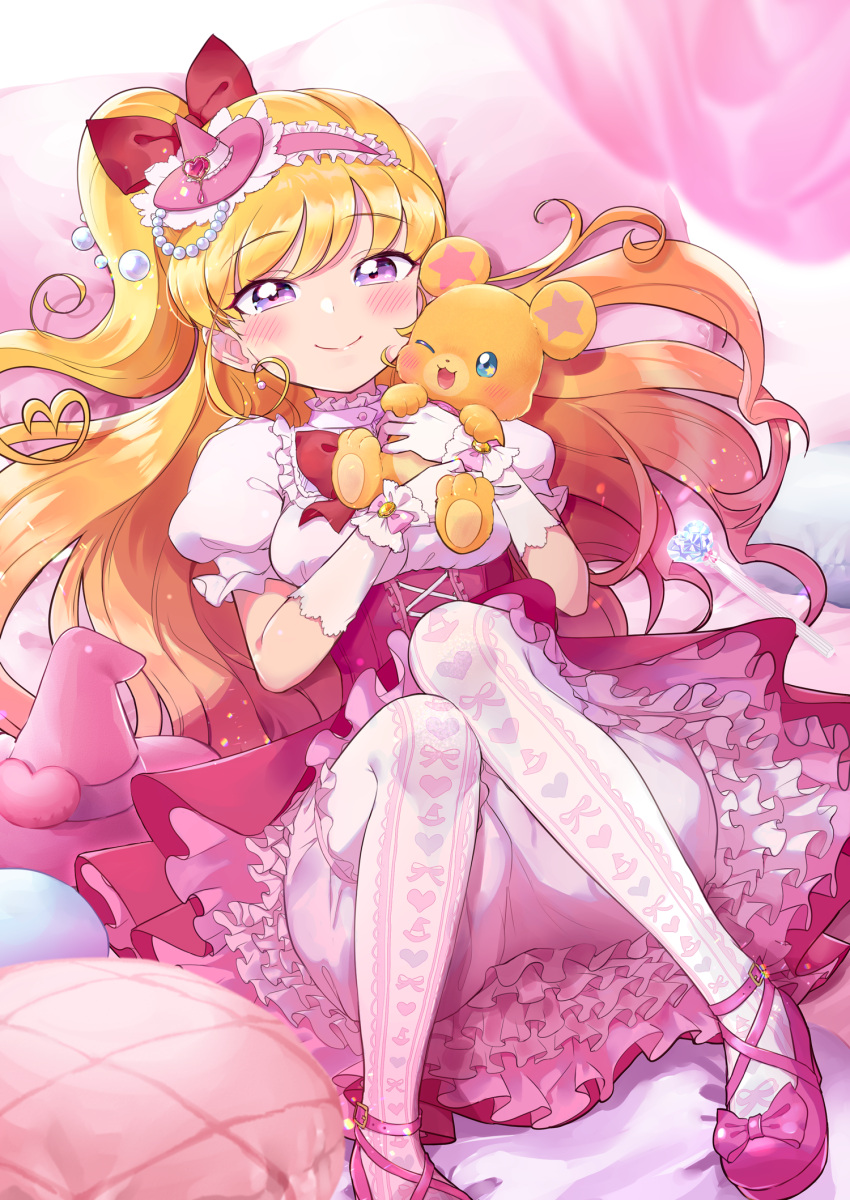 1girl asahina_mirai asdge23 bed blonde_hair breasts corset cure_miracle diamond-shaped_brooch diamond_brooch dress eyebrows_visible_through_hair gloves hat heart_wand highres looking_at_viewer lying magical_girl mahou_girls_precure! mini_hat mini_witch_hat mofurun_(mahou_girls_precure!) on_bed one_eye_closed pantyhose pillow pink_dress pink_footwear pink_headwear precure purple_eyes side_ponytail sitting small_breasts smile star_(symbol) star_in_eye stuffed_animal stuffed_toy symbol_in_eye teddy_bear white_gloves white_legwear witch_hat