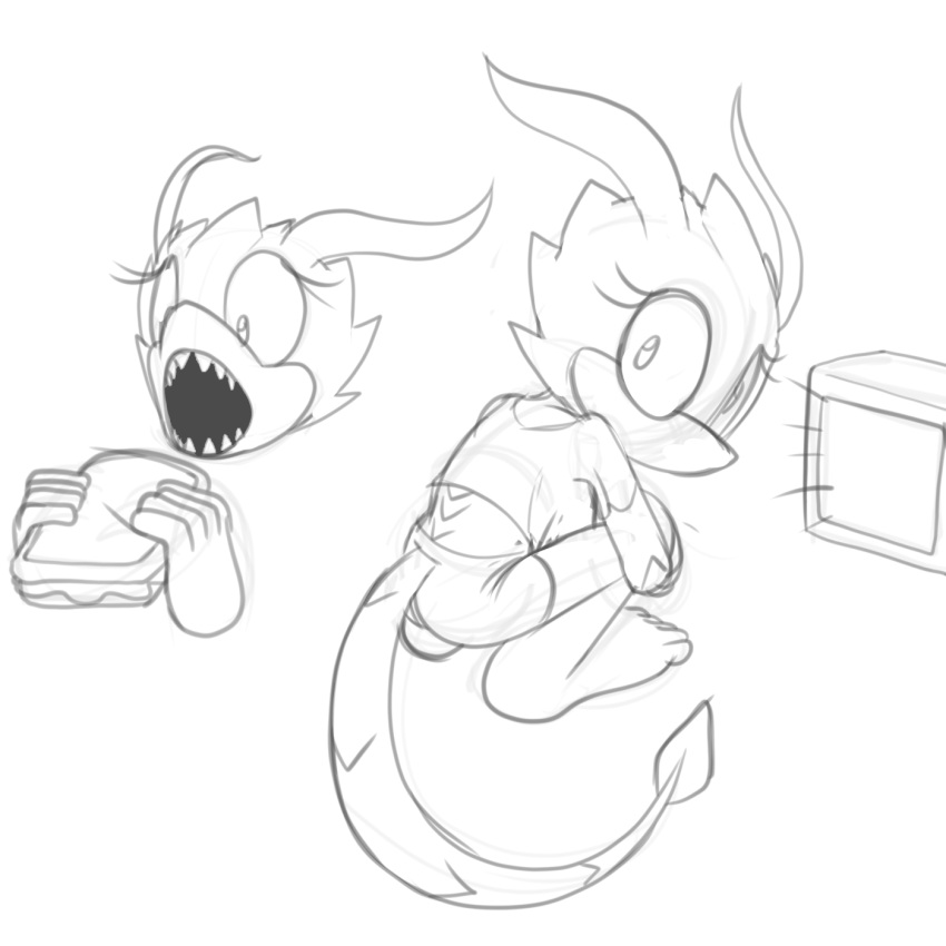 anthro boy_shorts clothing crouching fan_character female food fours_(artist) gecko hi_res lizard looking_at_viewer reptile sandwich_(food) scalie sega sharp_teeth sketch skitter_the_gecko solo sonic_the_hedgehog_(series) teeth underwear