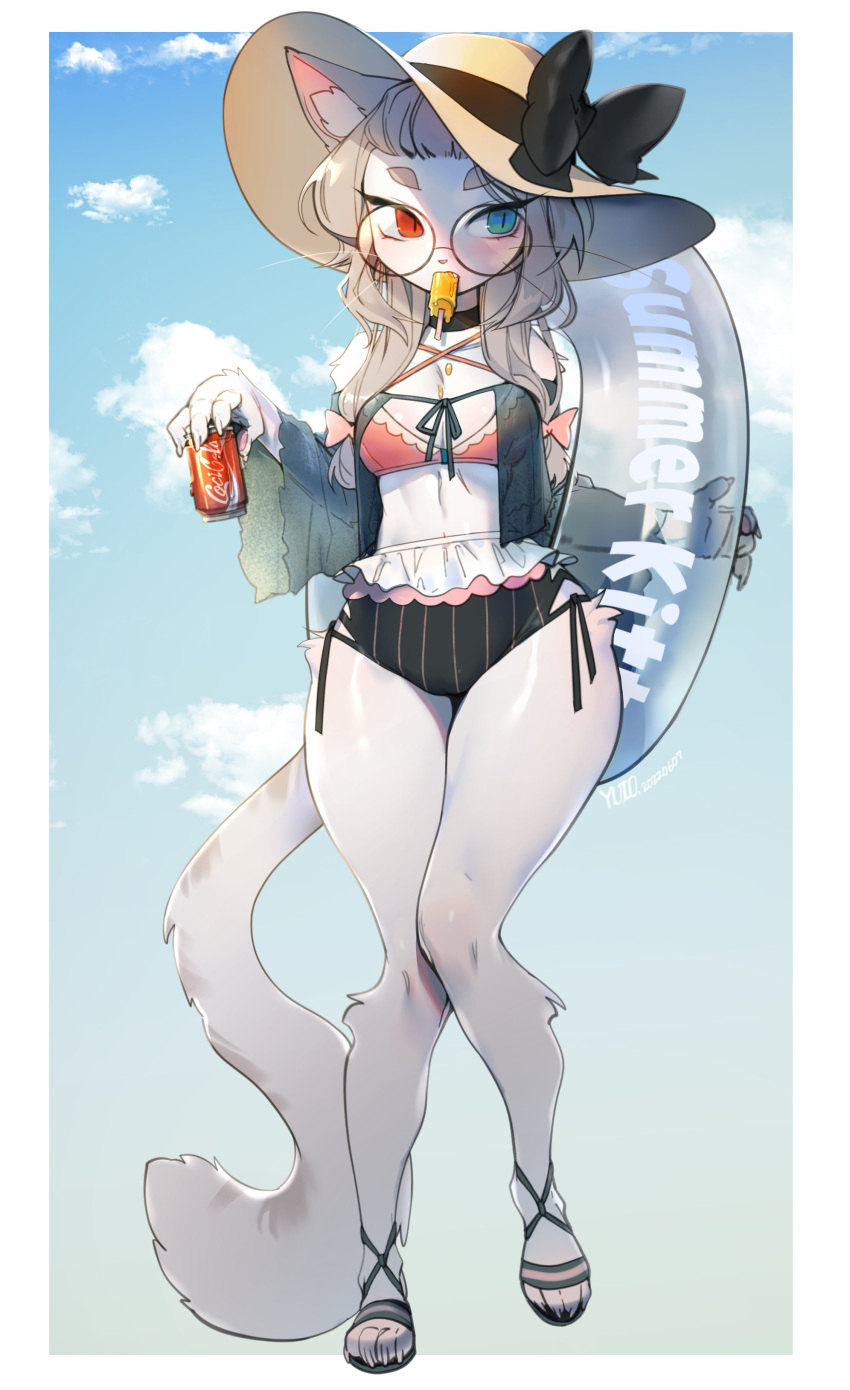 absurd_res anthro beverage blue_eyes bow_(disambiguation) clothed clothing cloudscape eyewear felid feline female footwear fur glasses hair heterochromia hi_res inflatable inner_ear_fluff inner_tube mammal paws popsicle_in_mouth red_eyes sandals sky soda solo sun_hat swimwear tuft white_body white_fur yuio