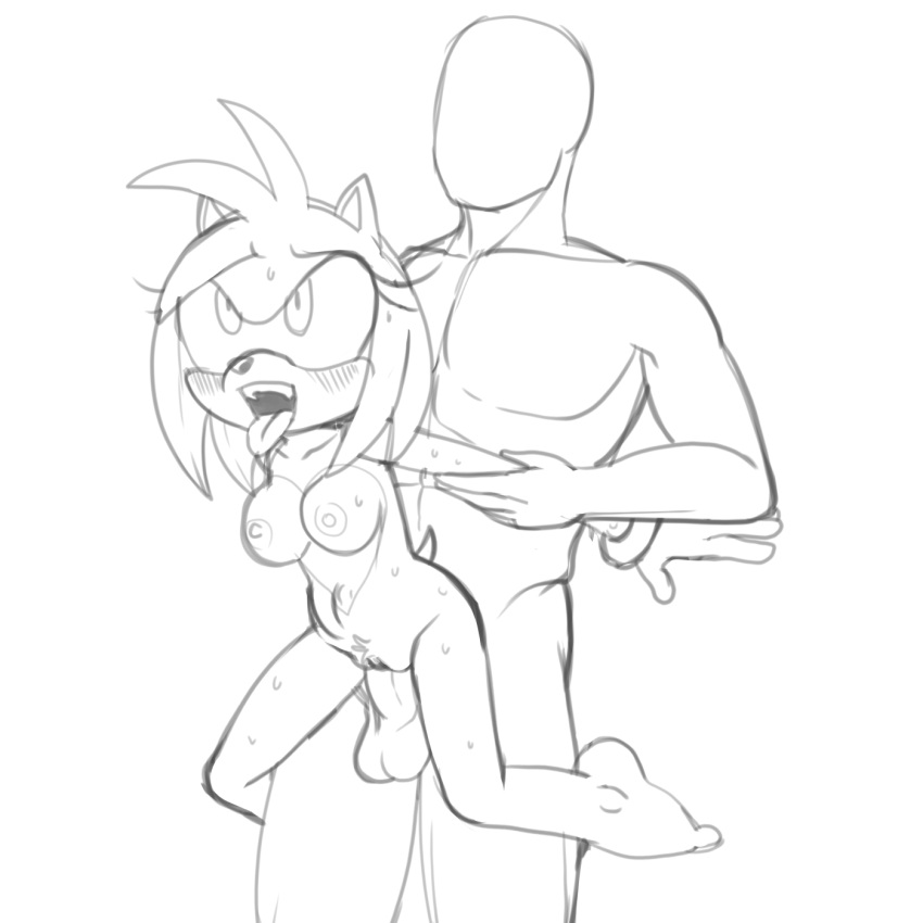1:1 amy_rose anthro bodily_fluids breasts carrying_partner crotch_tuft duo female fours_(artist) hi_res holding_arm human human_on_anthro interspecies looking_pleasured male mammal monochrome sega size_difference sketch sonic_the_hedgehog_(series) sweat tuft vaginal