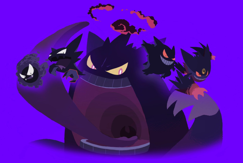 claws evil_smile evolutionary_line fangs gastly gengar gigantamax gigantamax_gengar grin haunter highres kasai_(pixiv24704749) long_tongue mega_gengar mega_pokemon pokemon pokemon_(creature) purple_background red_eyes simple_background smile third_eye tongue tongue_out