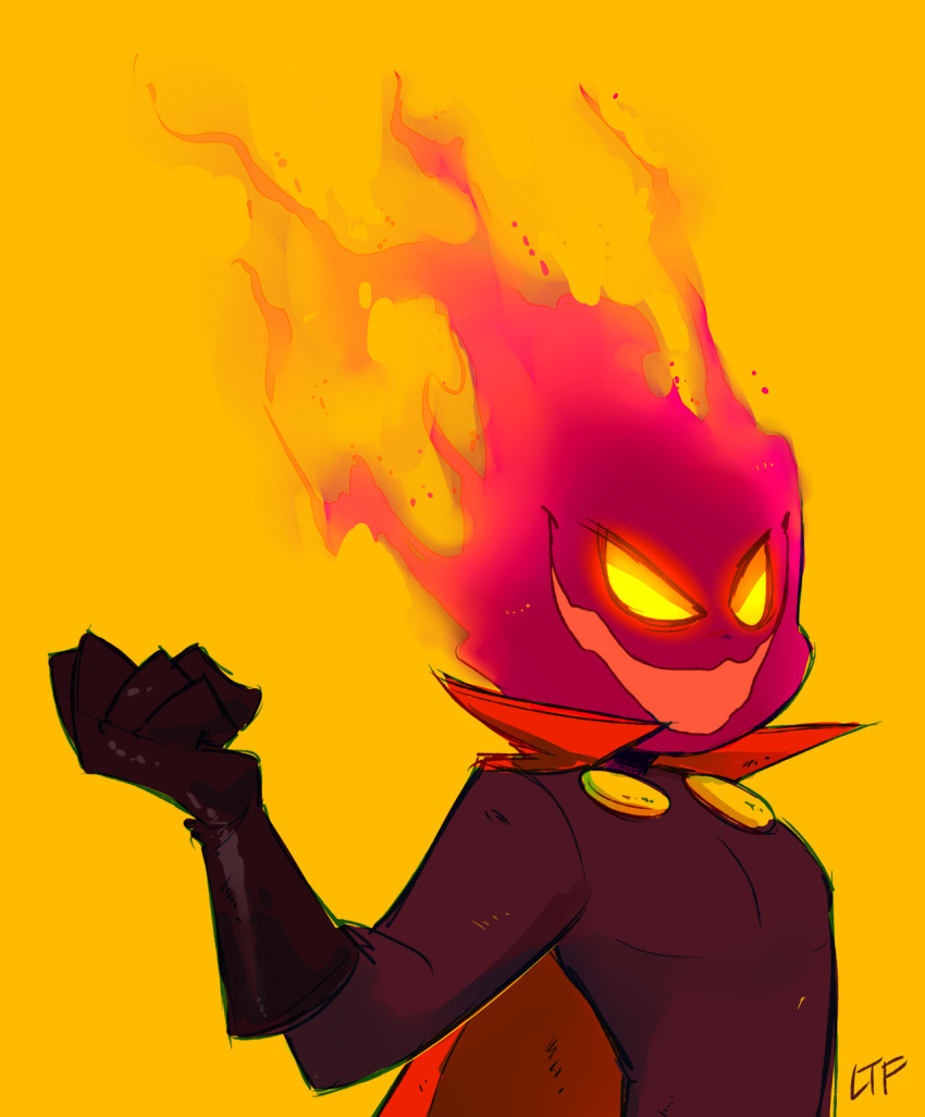 2018 5_fingers cape cartoon_network clothed clothing costume elemental_creature elemental_humanoid fingers fire fire_creature fire_humanoid flamme_(villainous) gloves handwear hi_res humanoid lemonteaflower male not_furry red_clothing signature simple_background solo villainous_(series) yellow_background yellow_eyes