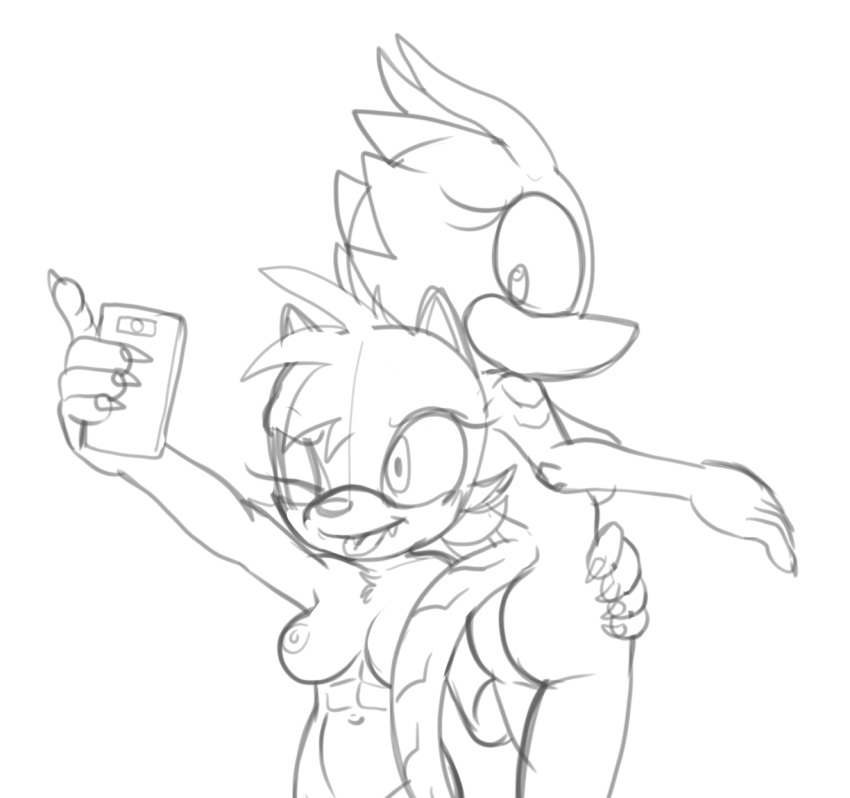 anthro butt duo ellie_the_wolf female female/female fours_(artist) looking_at_another looking_at_cellphone looking_at_object looking_at_partner looking_at_phone monochrome nude sega selfie sketch skitter_the_gecko sonic_the_hedgehog_(series)