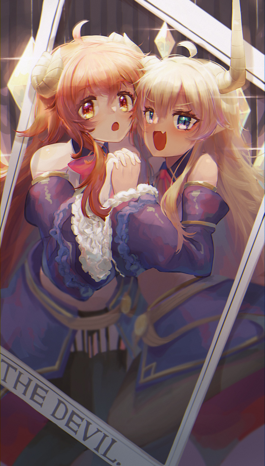 2girls :o absurdres ahoge blonde_hair blue_eyes brown_hair card_(medium) dark-skinned_female dark_skin demon_girl demon_horns demon_tail detached_collar detached_sleeves fang gleam highres holding_hands horns interlocked_fingers lilith_(machikado_mazoku) long_hair looking_at_viewer machikado_mazoku midriff multiple_girls open_mouth revealing_clothes rhythm_sonoda skin_fang tail tarot the_devil_(tarot) thighhighs yellow_eyes yoshida_yuuko_(machikado_mazoku)