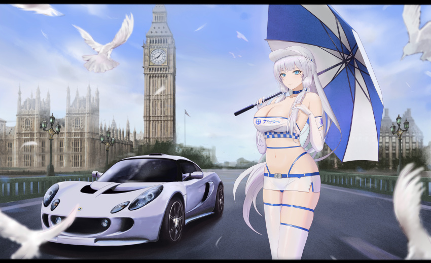 1girl absurdres alternate_costume azur_lane bikini bikini_under_clothes bird breasts car choker copyright_name cowboy_shot day dove elbow_gloves elizabeth_tower gloves ground_vehicle highres illustrious_(azur_lane) kcar66t large_breasts london lotus_(brand) lotus_exige miniskirt motor_vehicle partially_fingerless_gloves product_placement race_queen real_world_location road royal_navy_(emblem) skirt sky swimsuit thighhighs umbrella visor_cap westminster_bridge westminster_palace white_hair