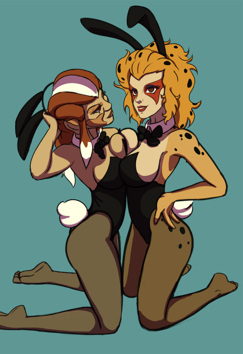 2022 animal_humanoid anthro big_breasts blonde_hair bow_tie breast_squish breasts bunny_costume callmewritefag cat_humanoid cheetara clothed clothing colored colored_sketch costume digital_drawing_(artwork) digital_media_(artwork) domestic_cat duo fake_ears fake_rabbit_ears felid felid_humanoid feline feline_humanoid felis female female/female fur hair hi_res humanoid kneeling legwear looking_at_viewer mammal mammal_humanoid pumyra shaded simple_background sketch spots spotted_body spotted_fur spotted_hair squish thundercats