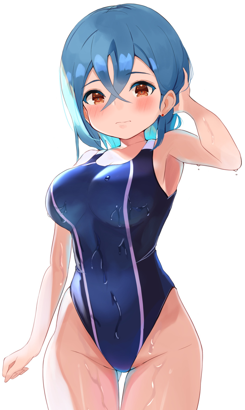 1girl absurdres arm_at_side ass_visible_through_thighs bangs blue_hair blue_swimsuit blush breasts brown_eyes closed_mouth commentary competition_swimsuit cowboy_shot crossed_bangs earrings eyebrows_visible_through_hair hair_between_eyes hand_in_own_hair highres jewelry large_breasts light_frown looking_at_viewer love_live! love_live!_superstar!! medium_hair one-piece_swimsuit sidelighting simple_background solo stud_earrings swimsuit wakana_shiki wasawasabidayo wet white_background