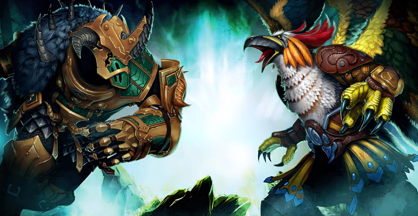 2013 absurd_res accipitrid accipitriform anthro armadyl armor avian aviansie bandos bird deity duo fight hi_res male multi_wing official_art runescape warrior wings