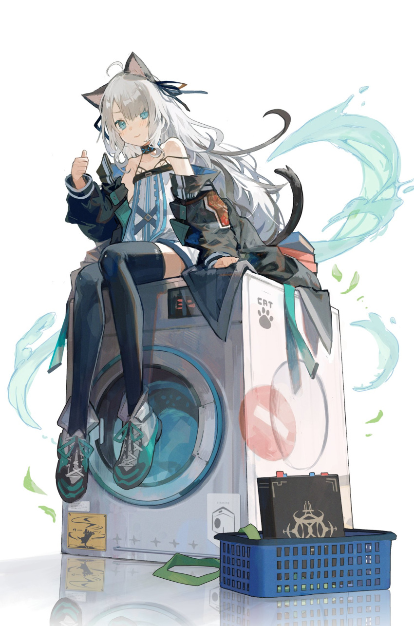 1girl ahoge animal_ears arknights basket black_collar black_jacket black_legwear black_ribbon blue_eyes book cat_ears cat_girl cat_tail collar commentary dress full_body green_footwear grey_footwear grey_hair hair_ribbon hand_up highres infection_monitor_(arknights) jacket long_hair mint_(arknights) nuudoru off_shoulder open_clothes open_jacket paw_print ribbon shoes simple_background sitting smile solo strap_slip tail thighhighs thumbs_up two-tone_footwear very_long_hair washing_machine water white_background white_dress