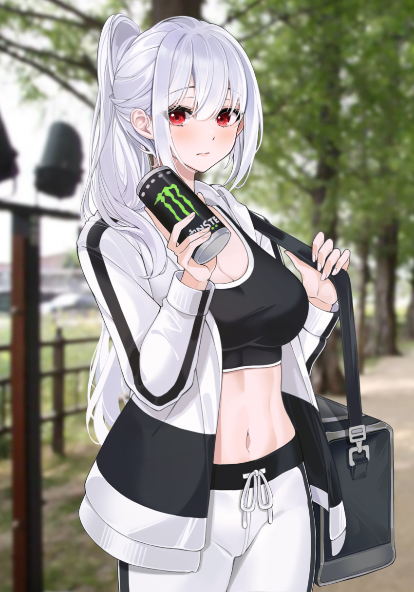 1girl bag bangs black_shirt blurry blurry_background blush breasts can cardigan cleavage closed_mouth cowboy_shot crop_top drawstring drink duffel_bag eyebrows_visible_through_hair fence hair_between_eyes highres holding holding_can holding_drink large_breasts lebring long_hair long_sleeves looking_at_viewer midriff monster_energy navel open_cardigan open_clothes original outdoors pants ponytail red_eyes shirt shoulder_bag sidelocks solo sports_bra tank_top tree two-tone_sweater white_hair white_pants yoga_pants
