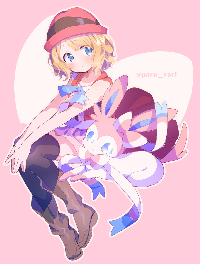 1girl absurdres bangs bare_arms blonde_hair blue_eyes blue_ribbon blush boots brown_footwear closed_mouth commentary_request eyelashes hat highres neck_ribbon outline own_hands_together paru_rari pink_headwear pokemon pokemon_(anime) pokemon_(creature) pokemon_xy_(anime) ribbon serena_(pokemon) short_hair sleeveless smile sylveon thighhighs twitter_username watermark