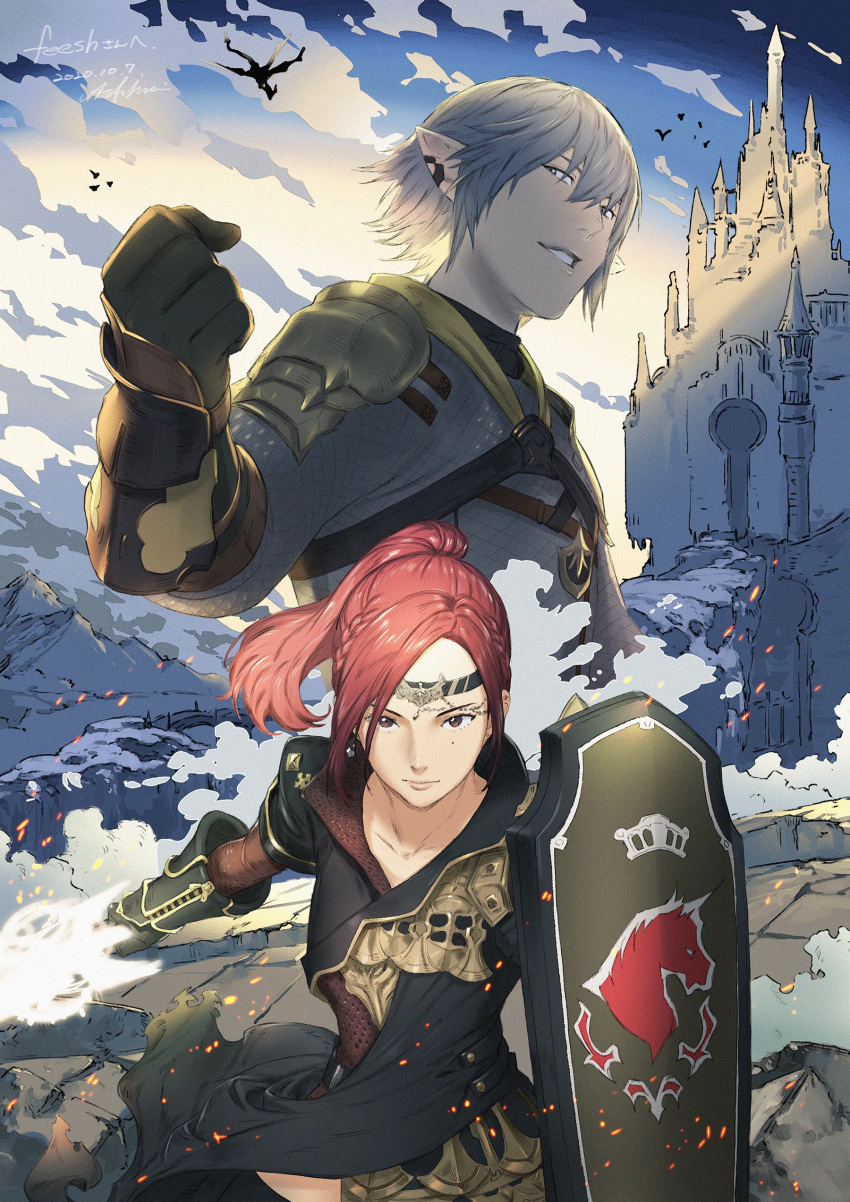 1boy 1girl absurdres ao_fujimori armor artist_name brown_eyes castle clenched_hand cloud cloudy_sky creature dress earrings gauntlets gloves grey_hair headband highres jewelry looking_at_viewer original outdoors pointy_ears red_hair shield short_hair signature sky smile sword warrior weapon