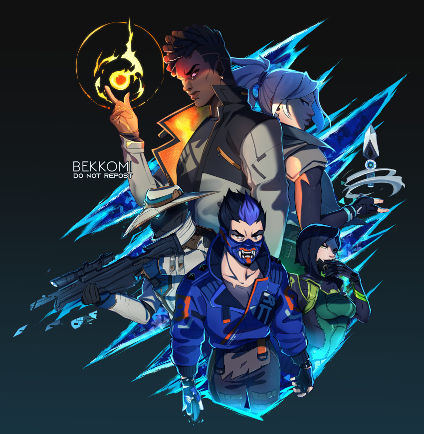 2girls 3boys absurdres aiming artist_name bekkomi belt black_hair blue_hair bodysuit covered_mouth cypher_(valorant) dark-skinned_male dark_skin dreadlocks fingerless_gloves fire fireball floating floating_object gloves glowing glowing_eyes green_eyes gun hand_on_own_face hat highres jacket jett_(valorant) kunai long_hair long_sleeves looking_at_viewer mask mask_removed multicolored_hair multiple_boys multiple_girls open_clothes open_jacket orange_eyes pants phoenix_(valorant) ponytail pyrokinesis rifle shirt short_hair signature spiked_hair t-shirt undercut valorant viper_(valorant) weapon white_hair wind yoru_(valorant)