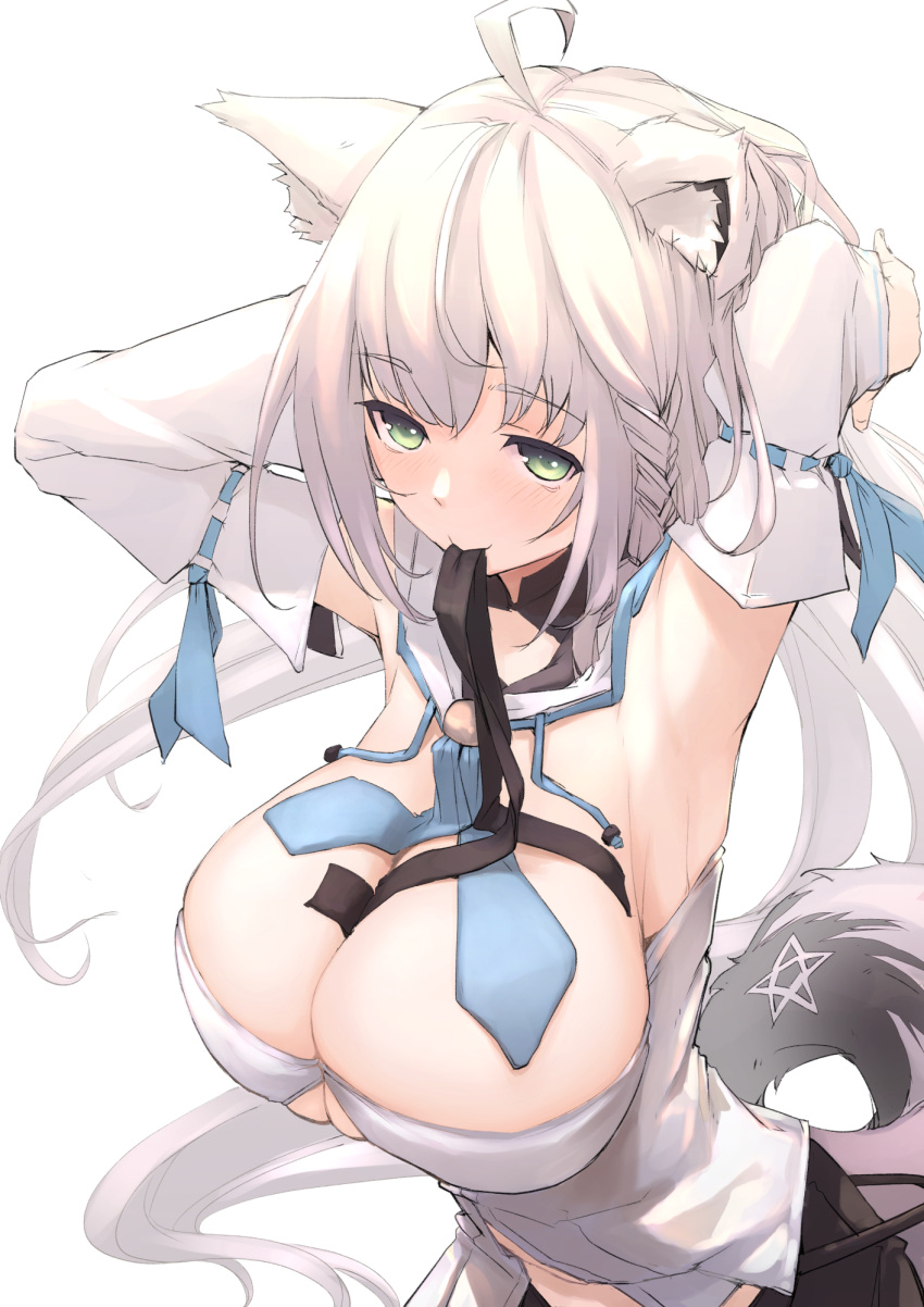1girl ahoge alternate_breast_size animal_ear_fluff animal_ears armpits arms_behind_head bangs black_ribbon black_shorts blue_neckerchief blush braid breasts cleavage commentary_request detached_sleeves eyebrows_visible_through_hair fox_ears fox_girl fox_tail green_eyes highres hololive huge_breasts long_hair long_sleeves looking_at_viewer low_ponytail mitsuru_(pixiv_34028718) mouth_hold neckerchief pentagram ribbon ribbon_in_mouth shirakami_fubuki shorts side_braid simple_background solo strapless tail virtual_youtuber white_background white_hair white_sleeves wide_sleeves