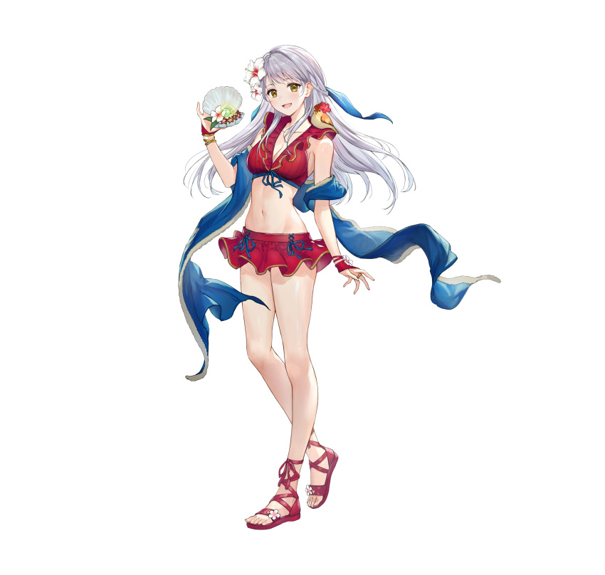 1girl absurdres animal animal_on_shoulder bangs bikini bikini_skirt bird bird_on_shoulder bracelet breasts clam_shell commentary_request fire_emblem fire_emblem:_radiant_dawn fire_emblem_heroes flower frilled_bikini frills full_body gem gold_trim hair_flower hair_ornament haru_(hiyori-kohal) head_tilt hibiscus highres holding jewelry long_hair looking_at_viewer medium_breasts micaiah_(fire_emblem) navel official_art open_mouth pearl_(gemstone) sandals shiny shiny_hair shiny_skin simple_background skirt smile solo standing stomach swimsuit thighs toeless_footwear white_background white_hair yellow_eyes yune_(fire_emblem)
