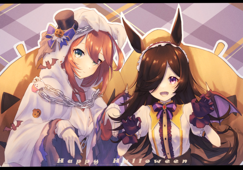 2girls absurdres animal_ears bangs blue_eyes bow bowtie brown_hair center_frills chain claw_pose cloak closed_mouth collarbone fangs frilled_hairband frills ghost_pose gloves hair_over_one_eye hairband halloween happy_halloween hat highres hood hooded_cloak horse_ears horse_girl horse_tail isana615 jack-o'-lantern letterboxed long_hair looking_at_viewer mihono_bourbon_(ghosty_and_the_magic_of_halloween)_(umamusume) mihono_bourbon_(umamusume) mini_hat mini_top_hat multiple_girls open_mouth puffy_short_sleeves puffy_sleeves purple_eyes purple_gloves rice_shower_(make_up_vampire!)_(umamusume) rice_shower_(umamusume) shirt short_sleeves smile tail top_hat torn_clothes umamusume upper_body white_shirt wings