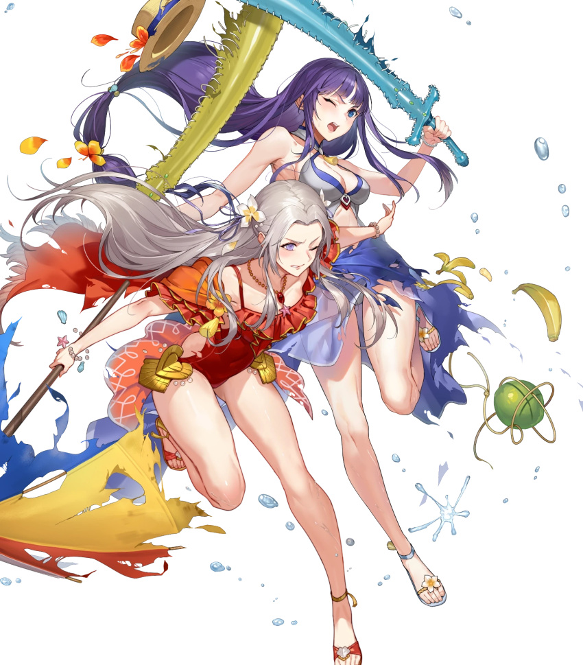 2girls altina banana banana_peel bangs bare_shoulders beach_umbrella blue_eyes blue_hair blush bracelet breasts capelet cleavage clenched_teeth coconut edelgard_von_hresvelg eyebrows_visible_through_hair fire_emblem fire_emblem:_radiant_dawn fire_emblem:_three_houses fire_emblem_heroes flower food fruit gold_trim hair_flower hair_ornament halterneck hat hibiscus highleg highleg_swimsuit highres holding inflatable_sword inflatable_toy jewelry kakage leg_up long_hair looking_away low-tied_long_hair medium_breasts multiple_girls necklace non-web_source official_art one_eye_closed open_mouth parted_bangs parted_lips petals purple_eyes red_swimsuit sarong see-through shiny shiny_hair shiny_skin swimsuit teeth thighs toes torn_clothes torn_umbrella transparent_background umbrella very_long_hair water water_drop watermelon white_hair