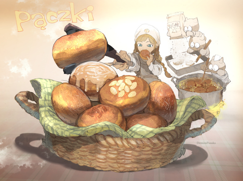 1girl artist_name bangs basket blonde_hair braid braided_ponytail bread bright_pupils chef_hat chef_uniform commentary_request cooking creature demizu_posuka food foreshortening green_eyes hat holding holding_food long_hair object_request original oversized_food oversized_object pot sesame_seeds solo white_pupils