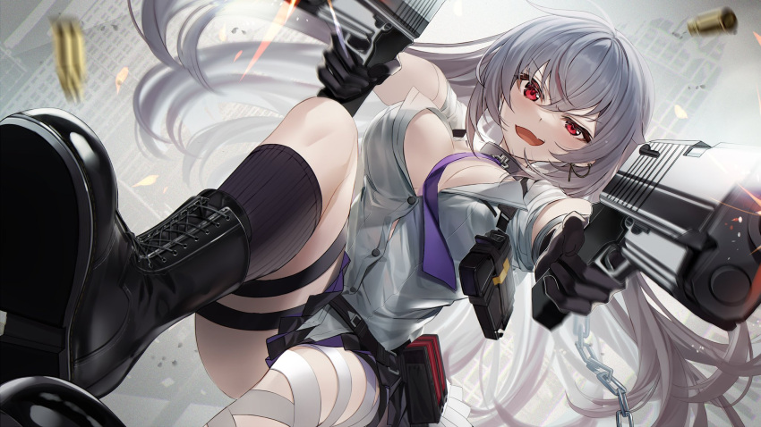 &gt;:) 1girl ammunition ankle_boots bangs belt_pouch between_breasts black_footwear black_gloves blurry boots breasts breasts_apart button_gap buttons chain city collar commentary counter:side cross-laced_footwear depth_of_field dual_wielding ear_piercing eujin eyebrows_visible_through_hair fang finger_on_trigger firing firing_at_viewer floating floating_hair foreshortening gloves grey_hair gun hair_between_eyes handgun highres holding holding_gun holding_weapon holster kawachi_rin knee_up kneehighs large_breasts leg_wrap long_hair looking_at_viewer miniskirt muzzle_flash necktie necktie_between_breasts no_bra open_mouth partially_unbuttoned piercing pleated_skirt pouch purple_skirt red_eyes shirt skirt sleeves_pushed_up smoke smug solo thigh_strap thighs v-shaped_eyebrows very_long_hair weapon white_shirt