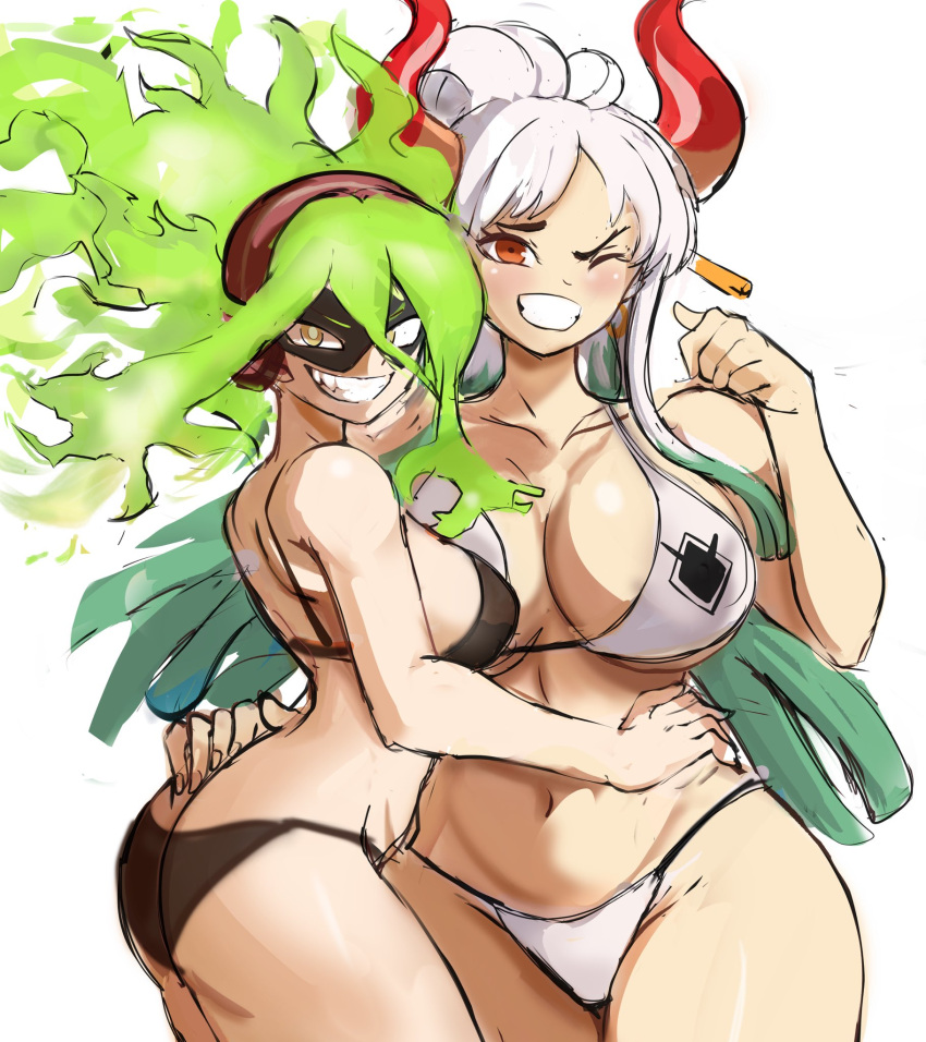 2girls arm_around_shoulders ass bikini black_bikini boku_no_hero_academia breast_press breasts burnin_(boku_no_hero_academia) crossover curvy domino_mask fiery_hair gold_eyes green_hair height_difference highres horns huge_breasts large_breasts long_hair mask multiple_girls one_piece oni_horns rakeemspoon red_eyes simple_background smile swimsuit thick_thighs thighs white_background white_bikini white_hair wide_hips yamato_(one_piece)