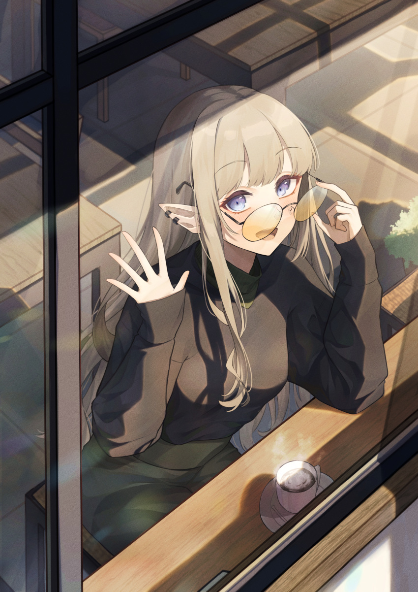 1girl absurdres bangs black_sweater blue_eyes brown_hair coffee ear_piercing glasses green_skirt highres indoors isana615 long_hair open_mouth original piercing pointy_ears removing_eyewear round_eyewear saucer sitting skirt sleeves_past_wrists smile steam stool sweater turtleneck turtleneck_sweater waving window