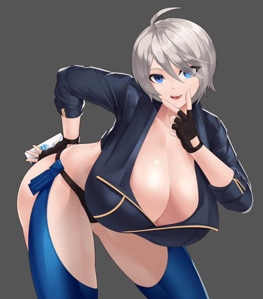 1girl absurdres ahoge alternate_breast_size angel_(kof) bangs bent_over black_gloves blue_eyes boots bra breasts cellphone chaps cropped_jacket fingerless_gloves gloves grey_background hair_over_one_eye highres holding holding_phone huge_breasts jacket large_breasts leather leather_jacket looking_at_viewer navel phone pockyland pose redrawn smartphone smile snk solo strapless strapless_bra the_king_of_fighters the_king_of_fighters_2001 the_king_of_fighters_all-stars the_king_of_fighters_xiv toned underwear white_hair