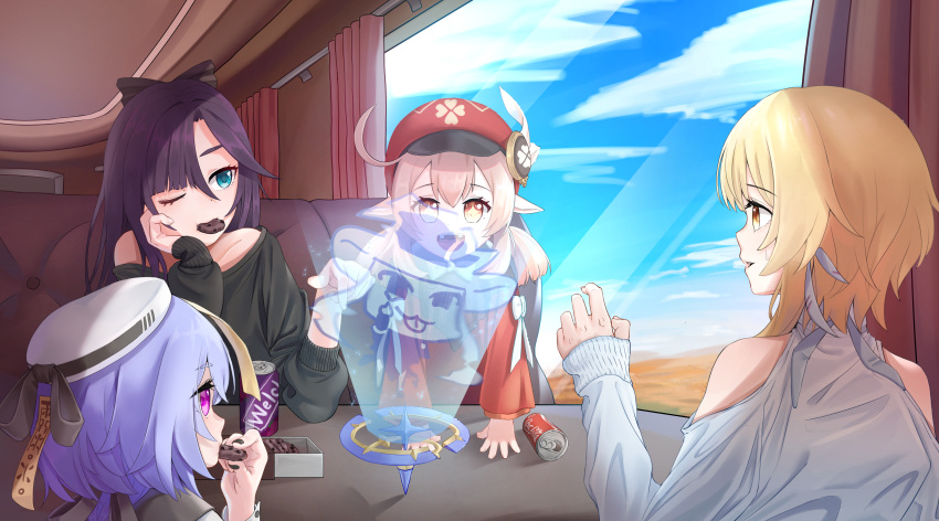 4girls :d absurdres ahoge alternate_costume alternate_hairstyle arm_support bangs black_hair blonde_hair blue_sky cabbie_hat can casual cloud cloudy_sky clover_print coca-cola cola commentary cookie couch curtains eating english_commentary eyebrows_visible_through_hair feather_hair_ornament feathers food from_behind genshin_impact green_eyes hair_between_eyes hair_down hair_ornament hair_ribbon hat hat_feather hat_ornament highres holding holding_cookie holding_food horizon indoors jiangshi klee_(genshin_impact) light_brown_hair long_hair long_sleeves looking_at_another low_twintails lumine_(genshin_impact) mona_(genshin_impact) mouth_hold multiple_girls ofuda one_eye_closed orange_eyes pointy_ears purple_eyes purple_hair qiqi_(genshin_impact) ribbon ritae short_hair short_hair_with_long_locks sidelocks sky smile soda_can spinner sweatdrop table twintails window yellow_eyes