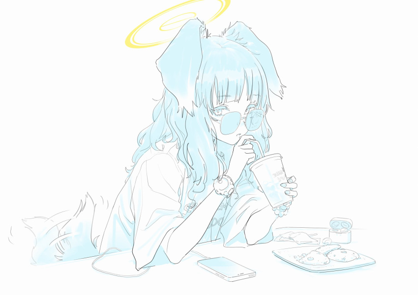 1girl alternate_costume animal_ears bangs blue_archive blush bracelet casual cellphone cup disposable_cup dog_ears dog_girl dog_tail drink drinking drinking_straw earbuds earphones eyebrows_visible_through_hair food glasses halo hibiki_(blue_archive) highres holding holding_cup ice jewelry long_hair looking_at_viewer monochrome phone s2j00 shirt short_sleeves smartphone solo t-shirt tail tail_wagging upper_body watch wristband wristwatch