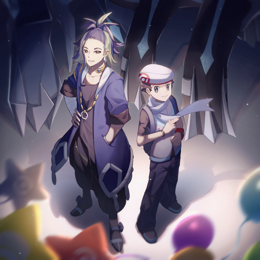 2boys absurdres adaman_(pokemon) alternate_color balloon blurry bracelet brown_eyes closed_mouth coat collar collarbone commentary_request dialga dialga_(origin) earrings eyebrow_cut grey_eyes hand_in_pocket hand_on_hip hat highres jewelry lucas_(pokemon) male_focus multicolored_hair multiple_boys open_clothes open_coat pants parted_lips poke_ball_print pokemon pokemon_(creature) pokemon_(game) pokemon_legends:_arceus pokemon_masters_ex ponytail scarf shirt shoes short_hair short_sleeves smile standing vest white_headwear yue_(jinziyuezi)