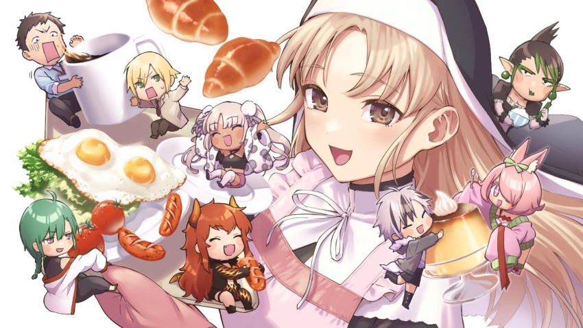 1other 3boys 4girls animal_ear_fluff animal_ears apron azuchi_momo bangs black_hair blonde_hair brown_eyes chibi closed_eyes coffee_mug cup dola_(nijisanji) eating food green_eyes green_hair habit hanabatake_chaika herio holding holding_spoon holding_tray light_brown_hair long_hair looking_at_viewer mug multicolored_hair multiple_boys multiple_girls nijisanji nun open_mouth orange_hair oven_mitts pink_apron pink_hair pointy_ears purple_eyes ryuushen sausage short_hair sister_cleaire smile spoon streaked_hair suzuki_masaru tomato tray uzuki_kou white_background yashiro_kizuku