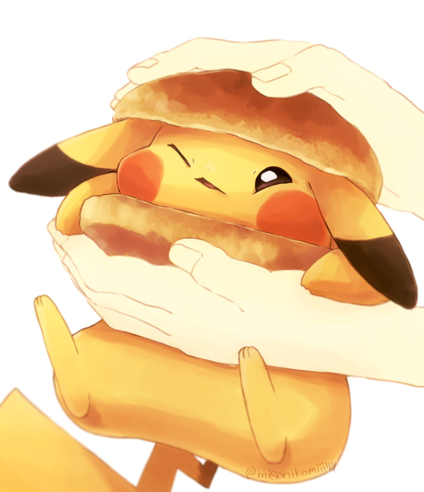 1other bread_bun bright_pupils brown_eyes commentary_request highres holding misonikomiii one_eye_closed pikachu pokemon pokemon_(creature) squash twitter_username white_background white_pupils