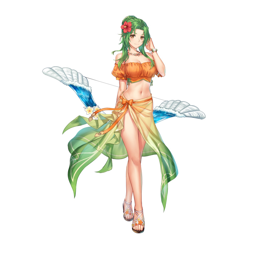 1girl absurdres adapted_costume anbe_yoshirou bangs bare_shoulders bikini bow_(weapon) bracelet breasts brown_eyes cleavage closed_mouth commentary_request elincia_ridell_crimea fire_emblem fire_emblem:_path_of_radiance fire_emblem:_radiant_dawn fire_emblem_heroes flower frills full_body gradient gradient_clothes green_hair hair_bun hair_flower hair_ornament hand_up hibiscus highres holding holding_bow_(weapon) holding_weapon jewelry long_hair looking_at_viewer medium_breasts navel necklace off-shoulder_bikini off_shoulder official_art parted_bangs puffy_short_sleeves puffy_sleeves ribbon sarong see-through shiny shiny_hair short_sleeves simple_background smile solo standing stomach swimsuit thighs weapon white_background