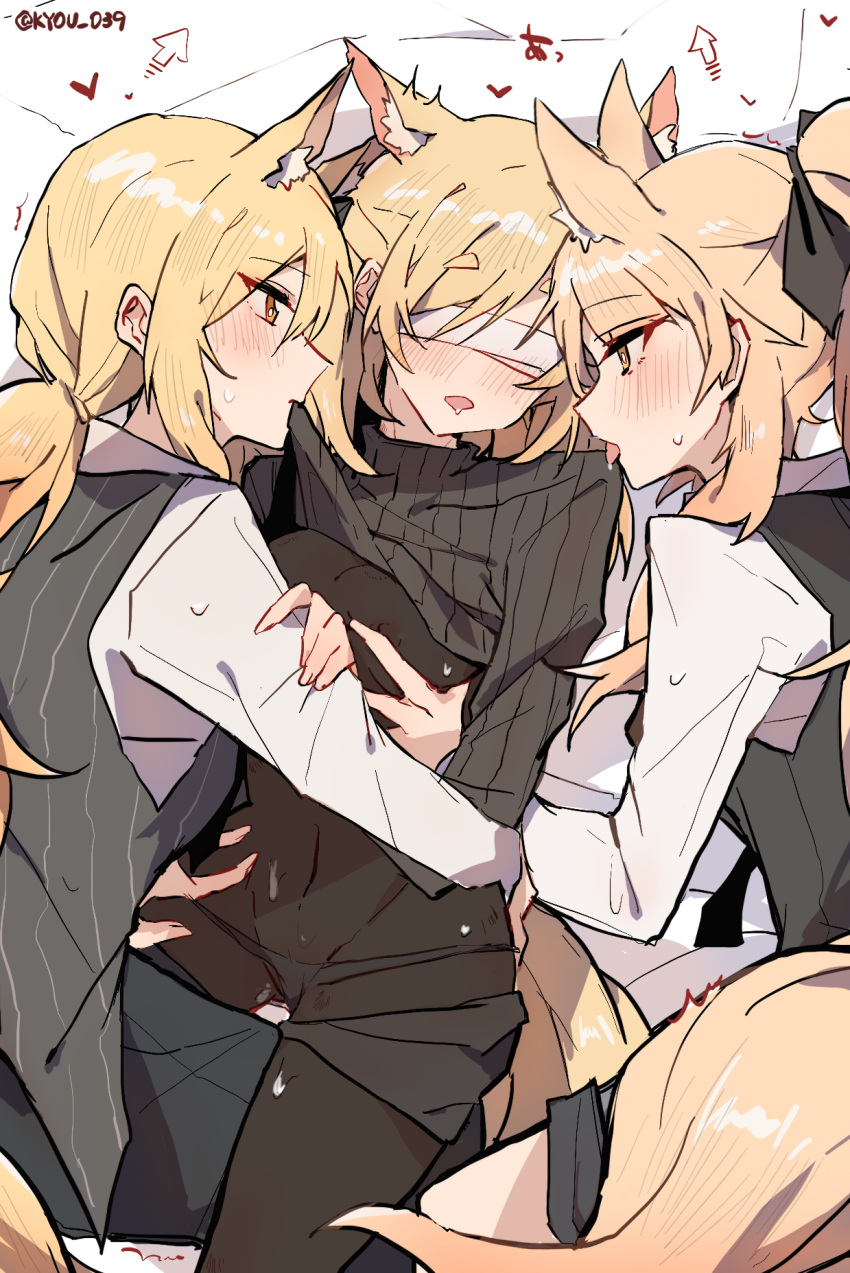 3girls animal_ear_fluff animal_ears arknights arrow_(symbol) aunt_and_niece black_bodysuit black_sweater blemishine_(arknights) blindfold blonde_hair bodysuit commentary eyebrows_visible_through_hair fff_threesome group_incest group_sex heart highres horse_ears horse_girl horse_tail incest kyou_039 long_hair long_sleeves multiple_girls navel nearl_(arknights) panties panties_under_bodysuit saliva siblings sisters sweat sweater tail threesome tongue tongue_out twitter_username underwear whislash_(arknights) yuri