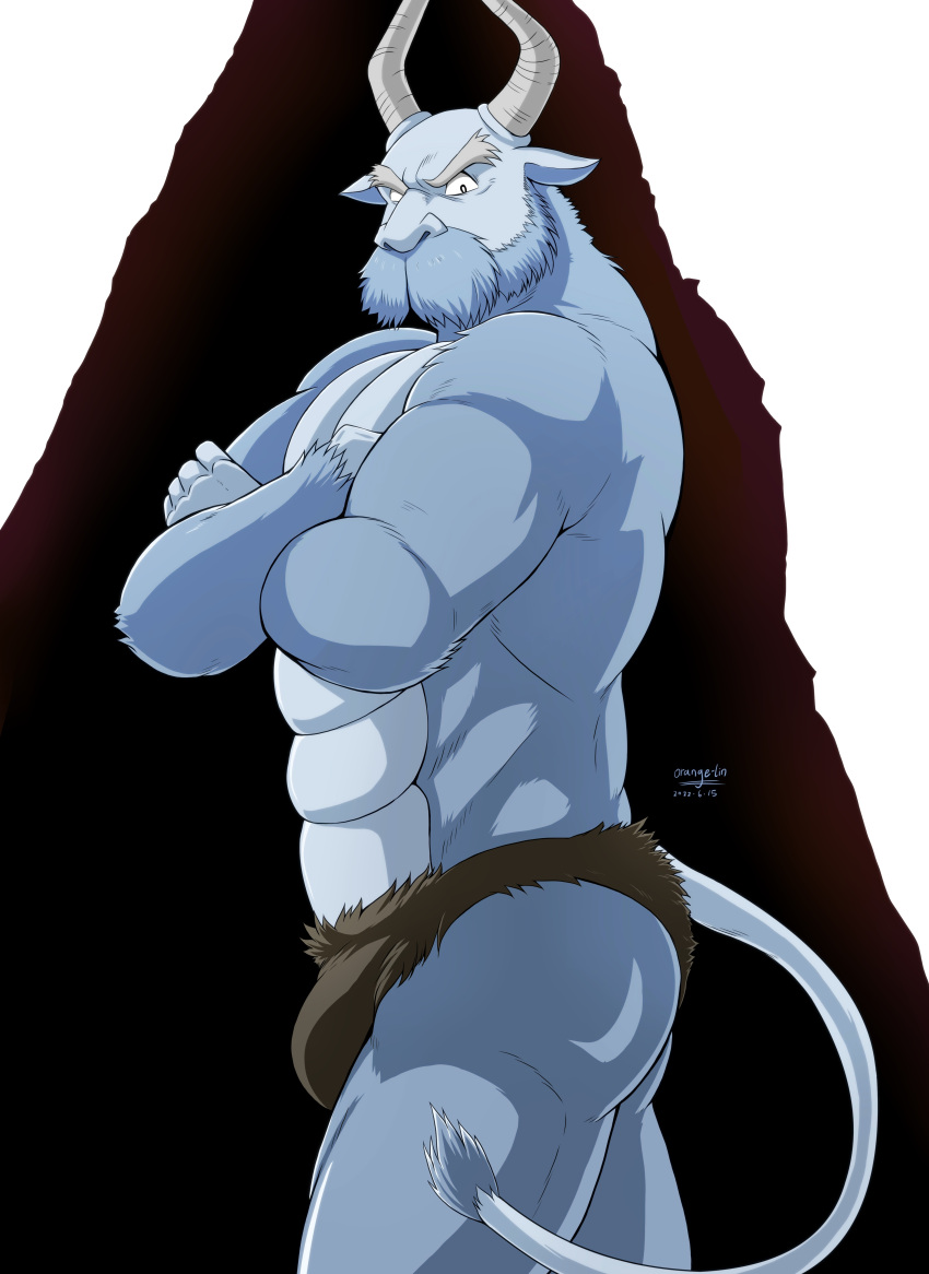 absurd_res anthro bihorn_(hunter_x_hunter) bovid bovine butt cattle chimera_ant clothed clothing feral fur hi_res horn hunter_x_hunter linorange0212 looking_at_viewer male mammal muscular muscular_anthro muscular_male mythology simple_background solo